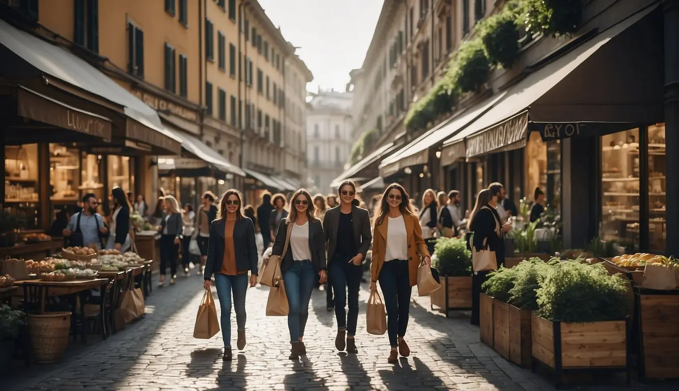 Busy city streets with stylish storefronts displaying eco-friendly clothing. People carrying reusable bags, cafes serving organic drinks. Milan embraces sustainable fashion