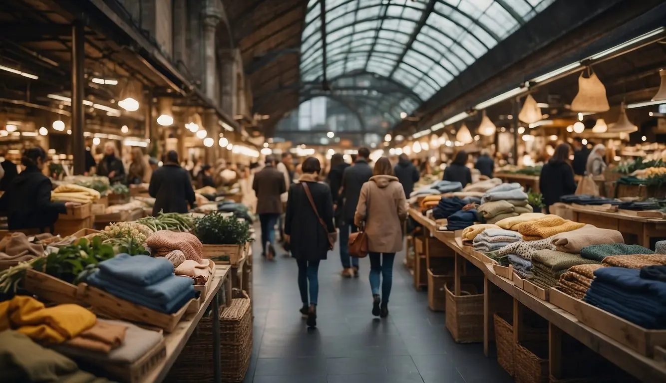 A bustling market in Milan showcases sustainable fabrics and organic clothes, with vibrant displays of eco-friendly materials and stylish garments