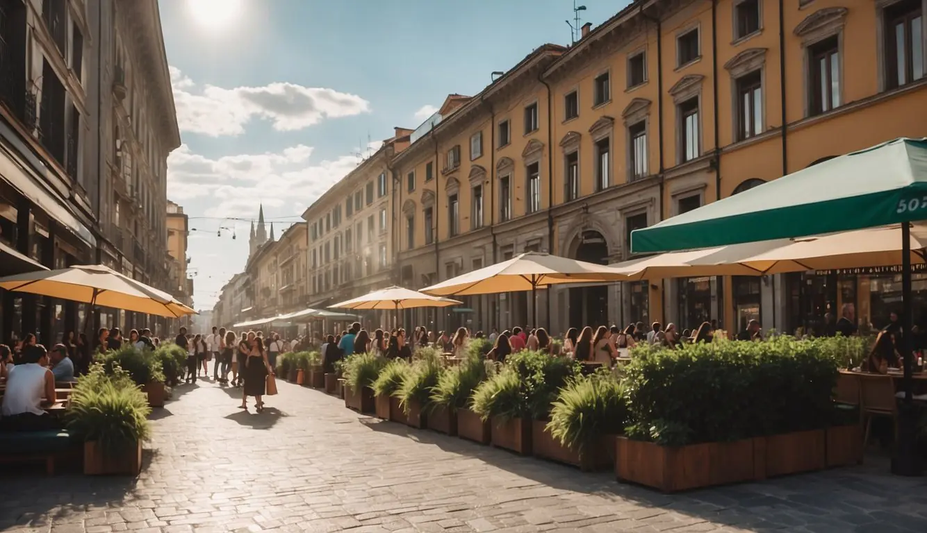 A bustling Milan design district with modern architecture, vibrant street art, and bustling outdoor cafes