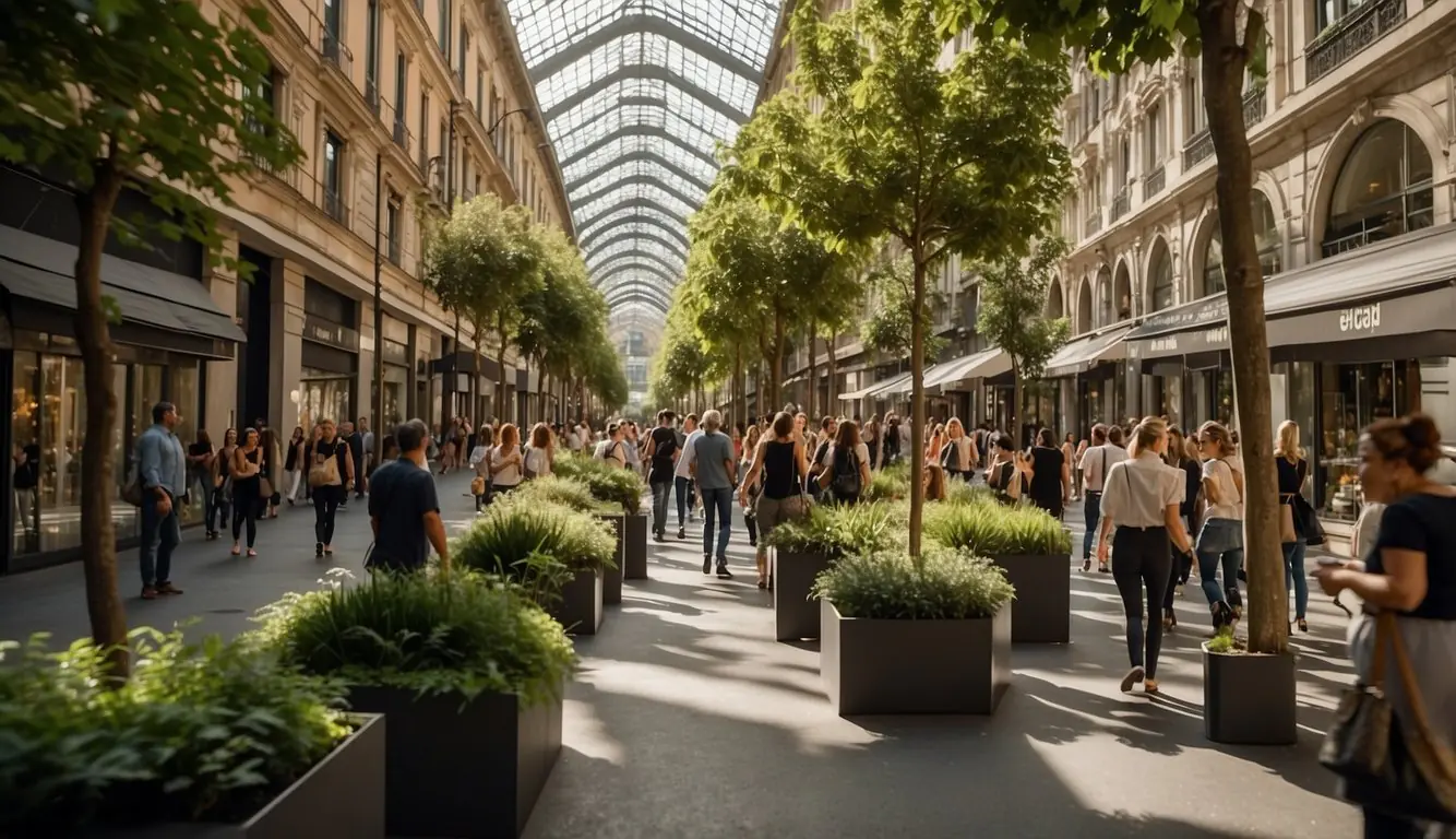 A bustling street in Milan's Design District, lined with modern, eco-friendly architecture and vibrant greenery. Sustainable design shops and art installations draw in crowds of curious visitors