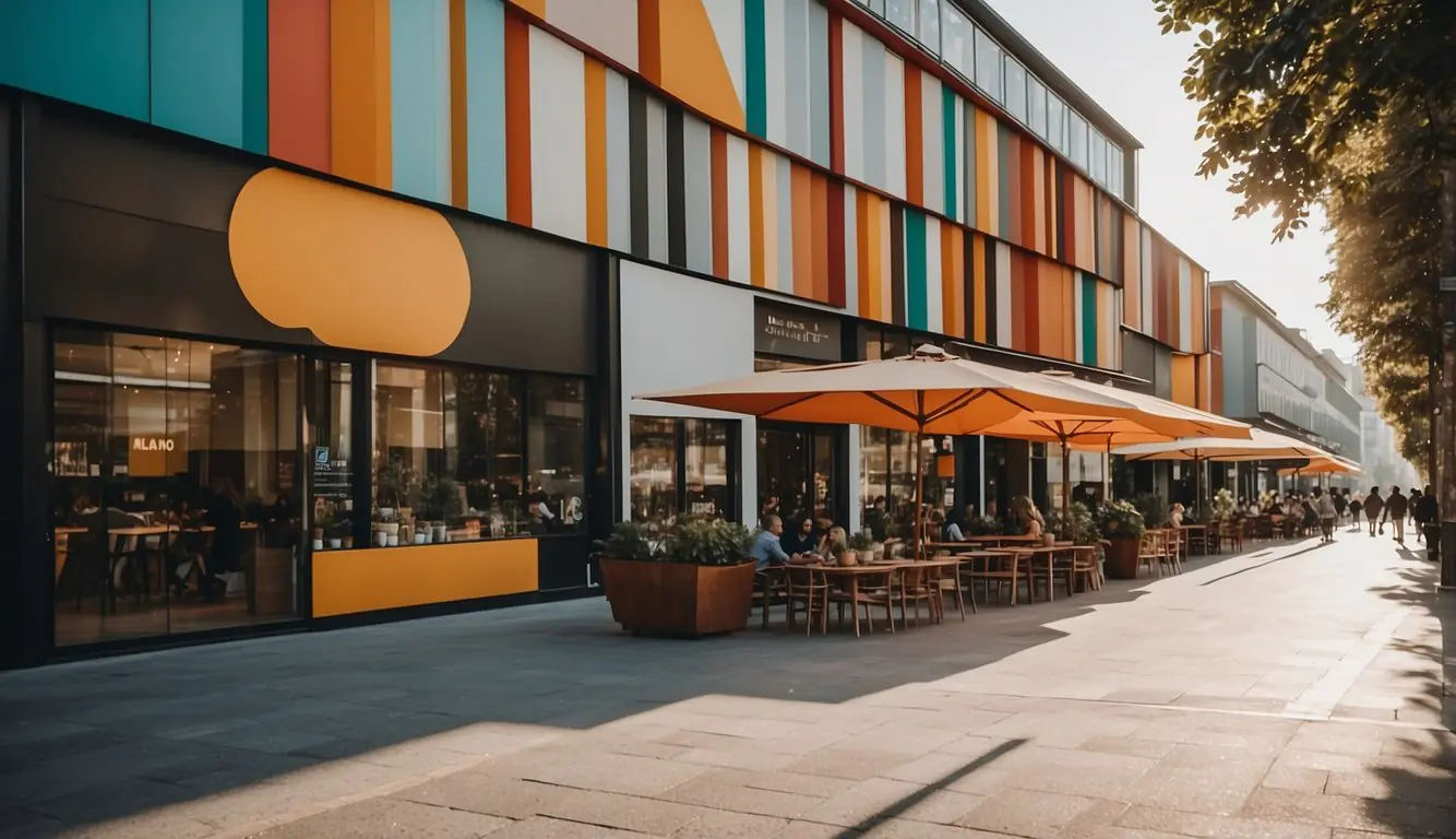 Modern architecture, sleek storefronts, and bustling cafes line the streets of Milan's Design District. Vibrant colors and geometric shapes dominate the landscape, creating a dynamic and stylish atmosphere