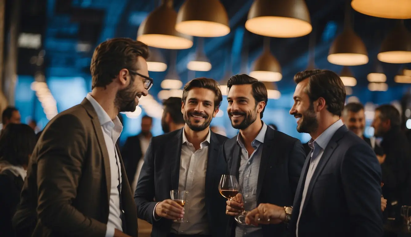 Entrepreneurs networking at a vibrant Milan event, exchanging ideas and forging connections. Bright lights and modern decor create an energetic atmosphere