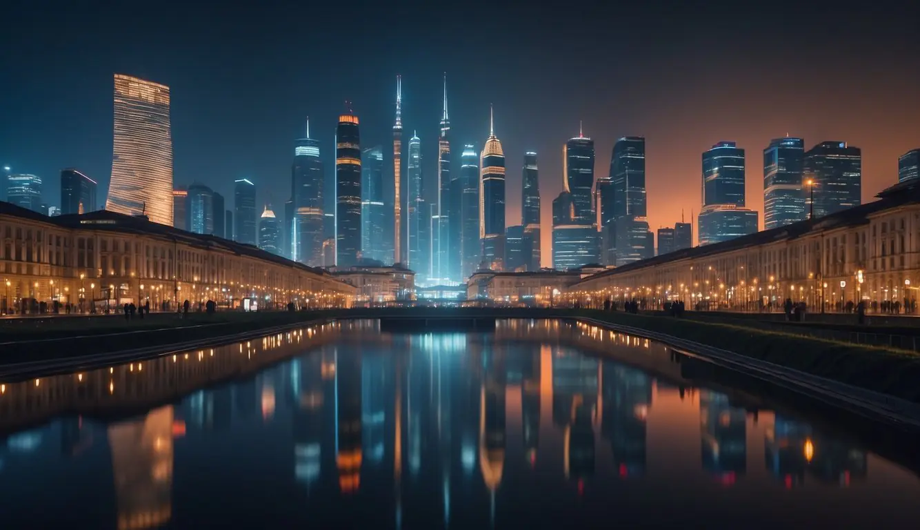 A bustling cityscape with towering skyscrapers and futuristic buildings, surrounded by glowing neon signs advertising tech events in Milan