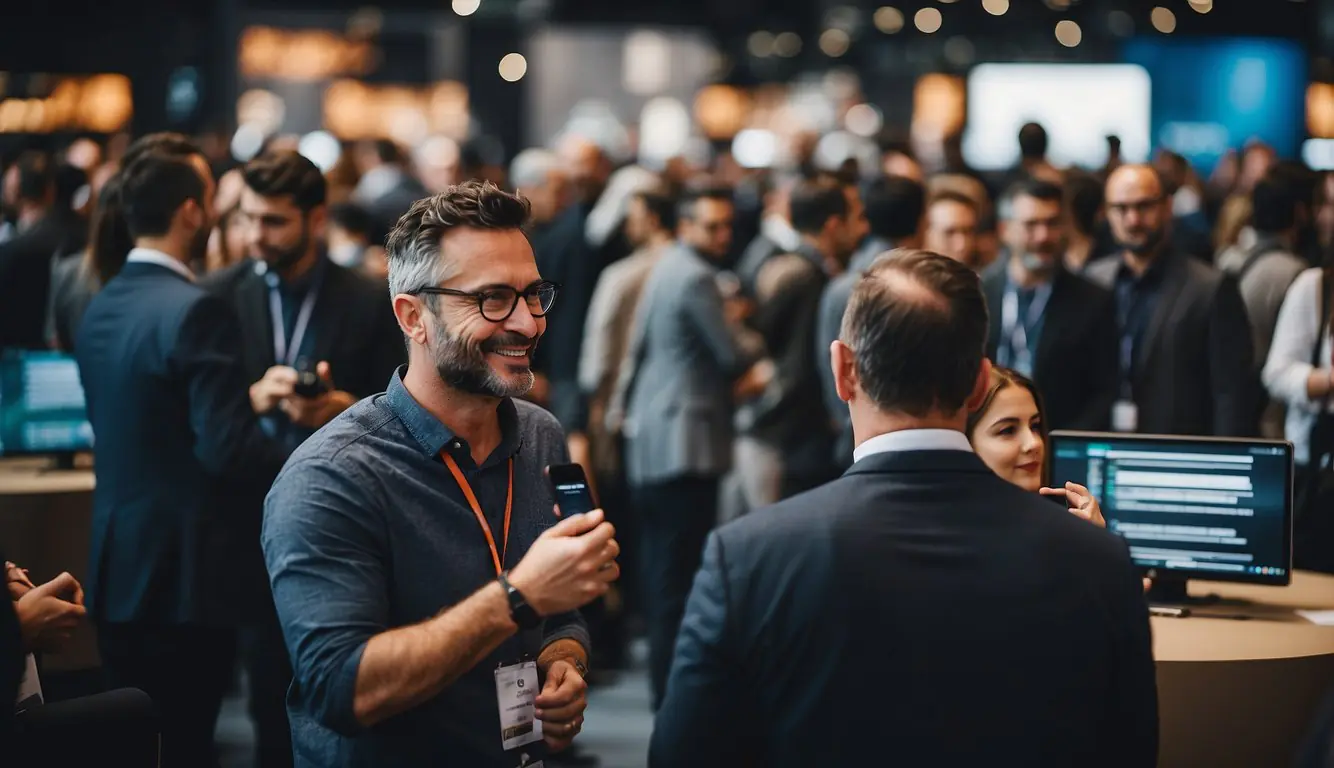 A bustling tech event in Milan, with vibrant booths and engaging speakers. Attendees network and exchange ideas amidst the latest market trends