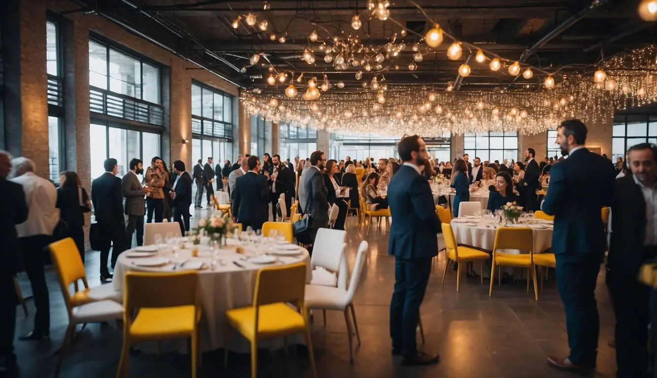 A bustling event venue in Milan, filled with entrepreneurs networking and exchanging ideas. Bright lights and modern decor create a vibrant atmosphere for professional growth