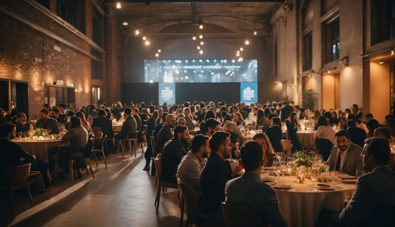 A bustling event space in Milan with diverse startups networking, pitching, and collaborating. Bright lights, modern decor, and energetic atmosphere