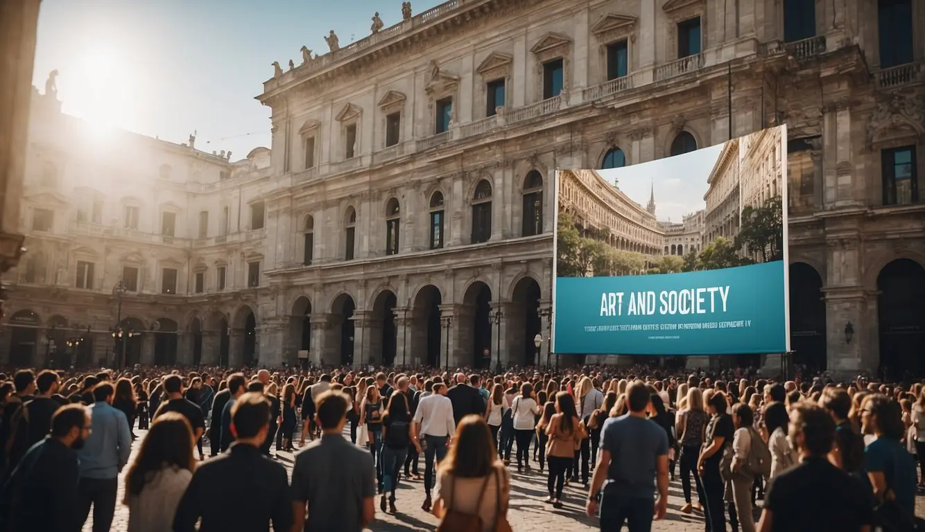 A bustling city square with a large banner reading "Art and Society Must-Attend Startup Events in Milan." Surrounding buildings show signs of innovation and creativity