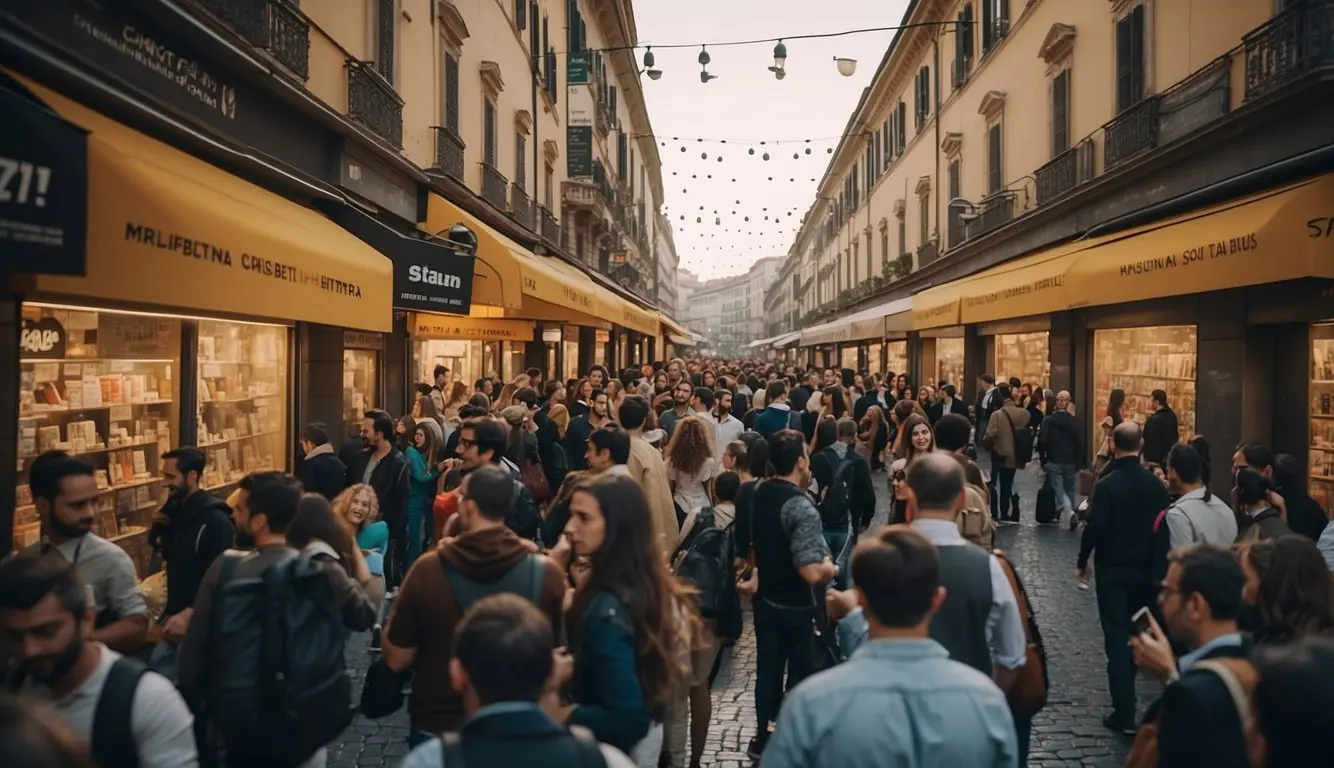 A bustling city street in Milan, with vibrant startup event posters lining the walls and crowds of people engaged in lively conversations