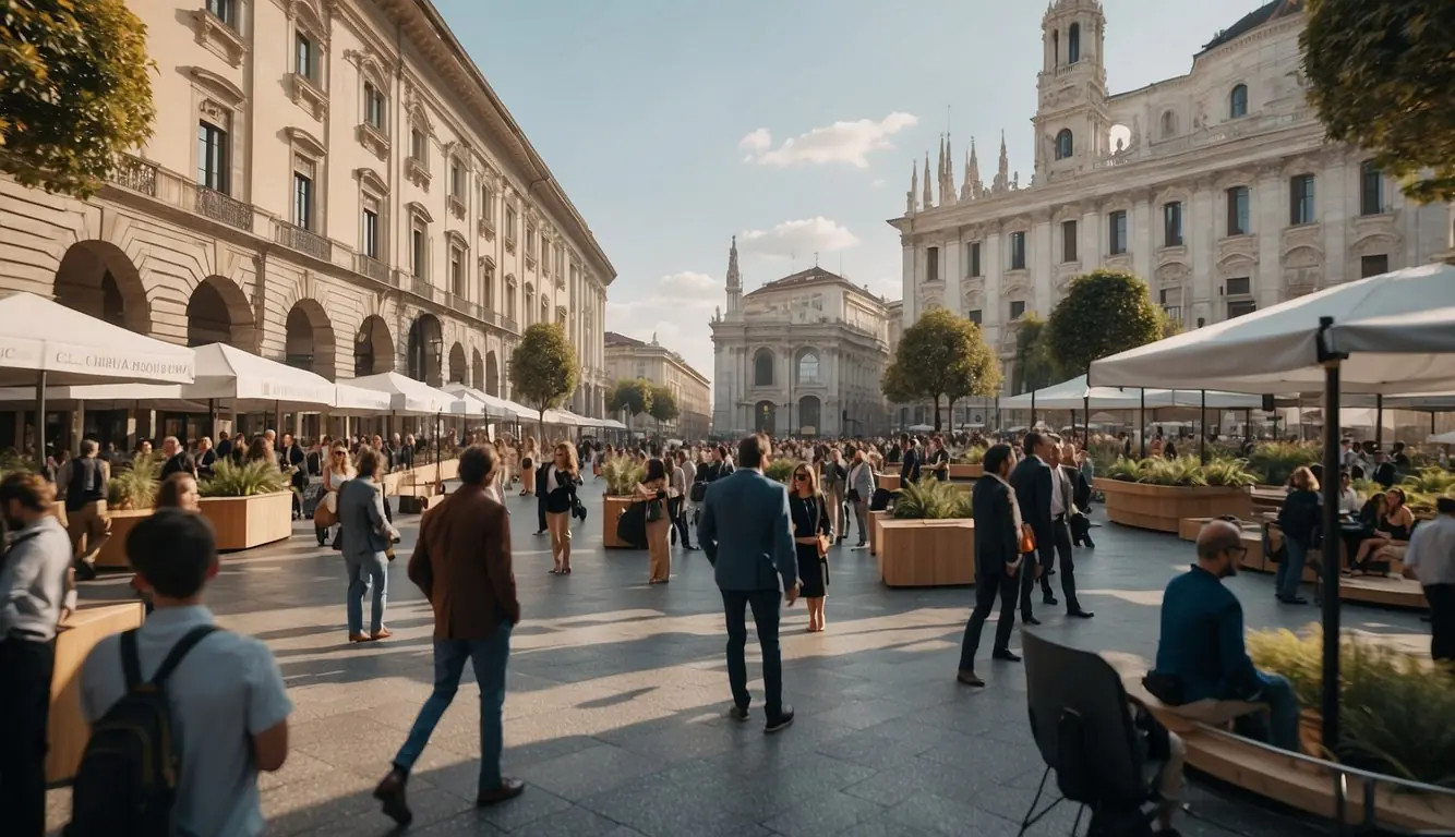 A bustling city square in Milan, with futuristic financial tech booths and eco-friendly exhibits. Attendees engage in lively discussions and networking