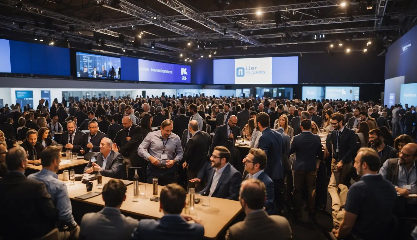 A bustling conference hall in Milan, filled with tech enthusiasts and startup founders networking and exchanging ideas. Bright lights illuminate the sponsor booths and stages, while the air buzzes with excitement and innovation