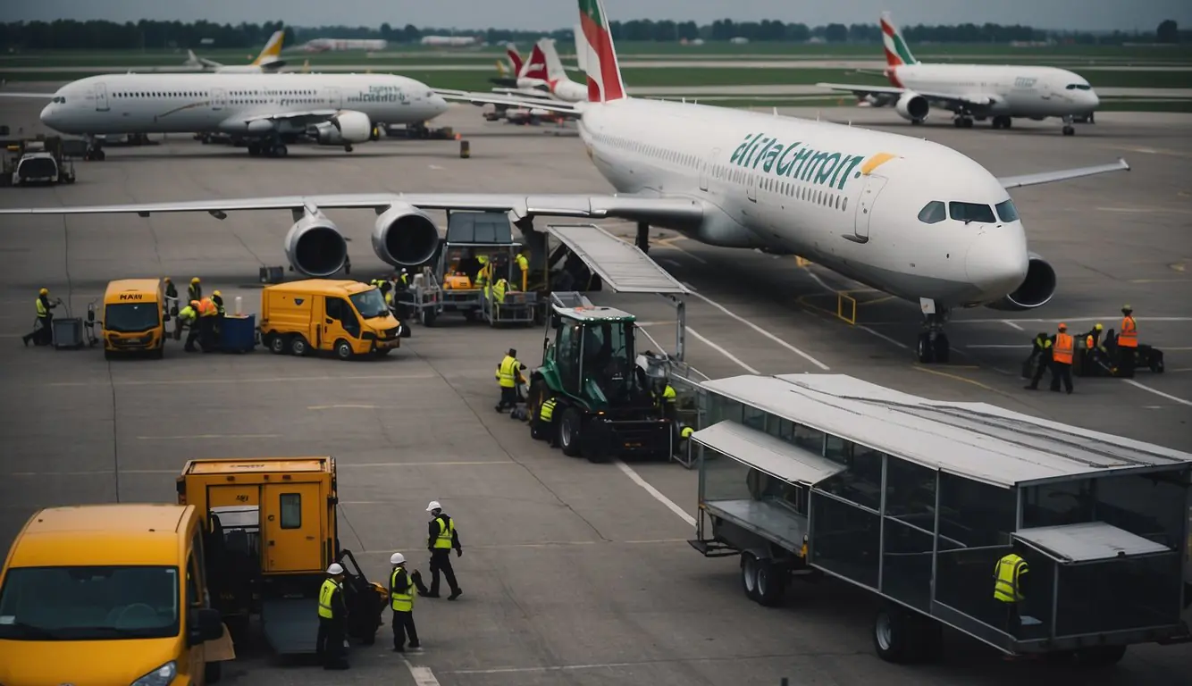 Planes taxiing on runways, ground crew loading luggage, and passengers boarding flights at Milan Airport