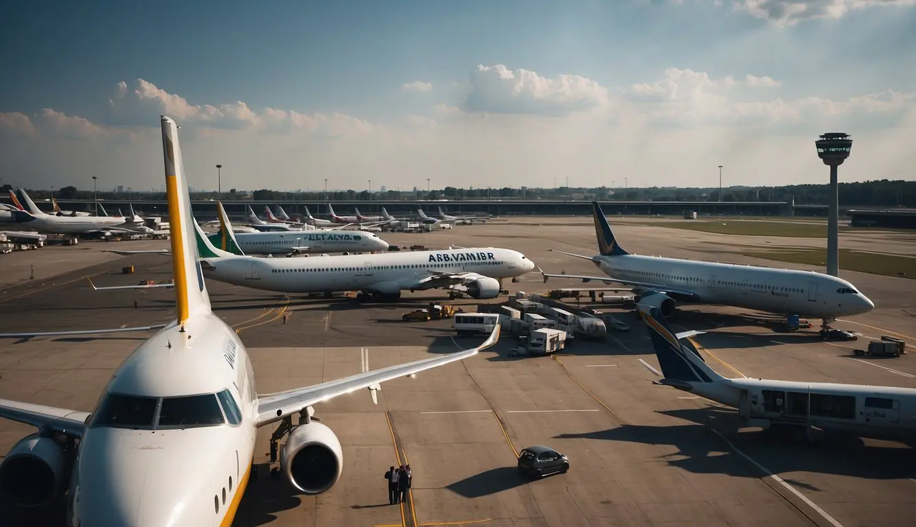 Busy airport in Milan with planes on tarmac, bustling terminals, and passengers in transit