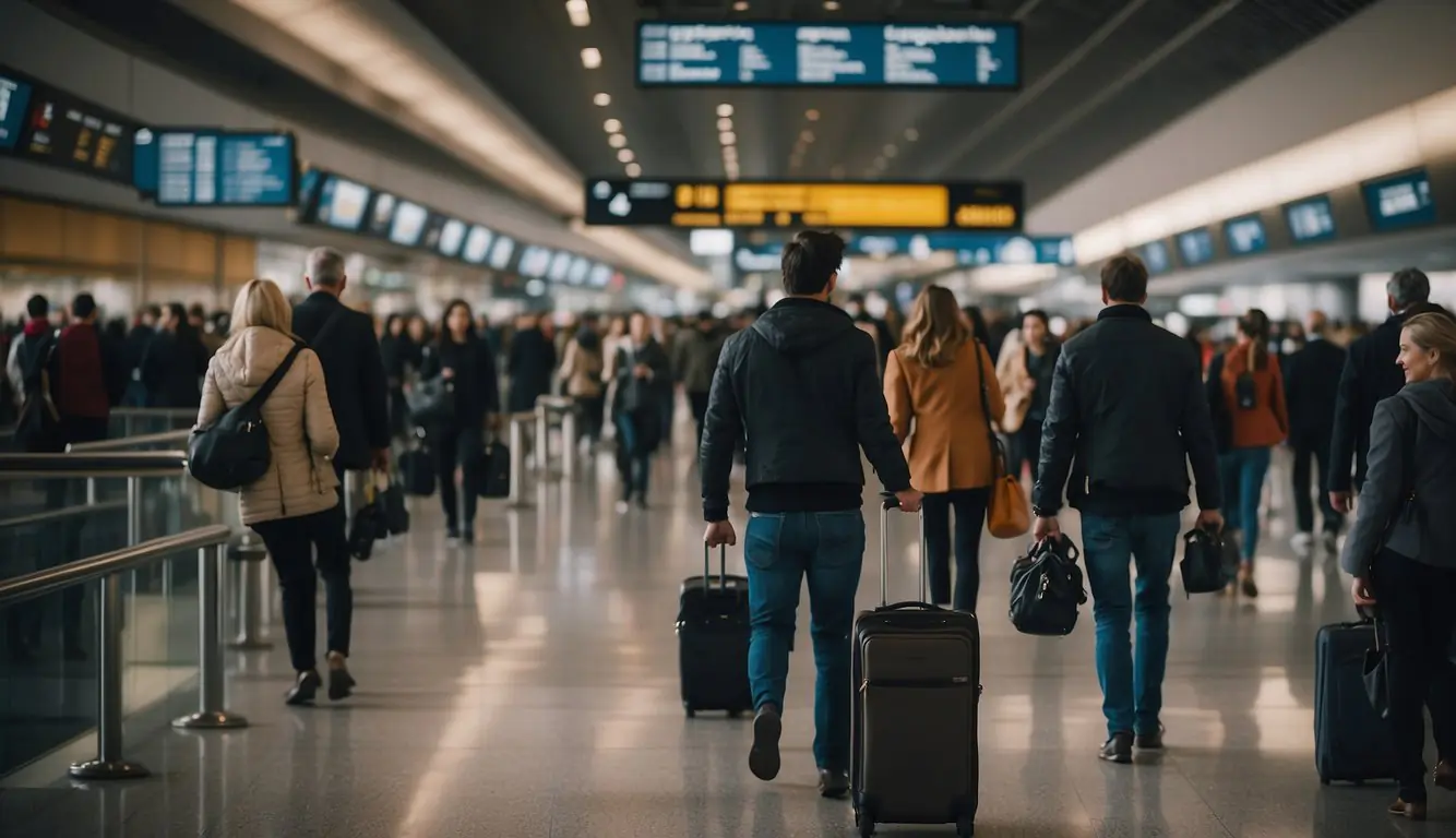 Passengers walk through the bustling airport in Milan, luggage in tow. Signs in Italian and English guide them to baggage claim and transportation options