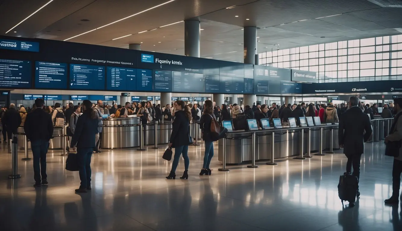 Passengers lining up at information desk in Milan airport, with signs and screens displaying "Frequently Asked Questions"