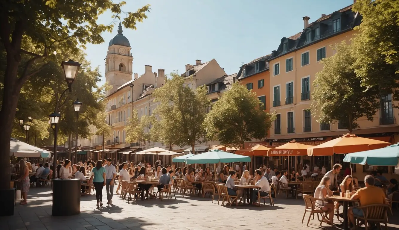 A bustling city square with colorful buildings, outdoor cafes, and families enjoying gelato. A nearby park with children playing and parents relaxing