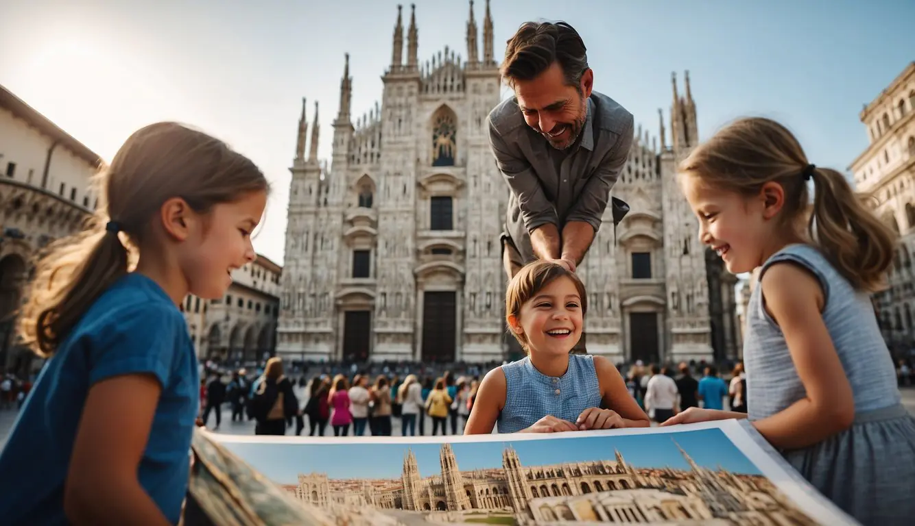 A family standing in front of the iconic Duomo di Milano, with children pointing excitedly at the intricate architecture. Nearby, a tour guide holds a map and gestures towards the next stop on the family-friendly itinerary