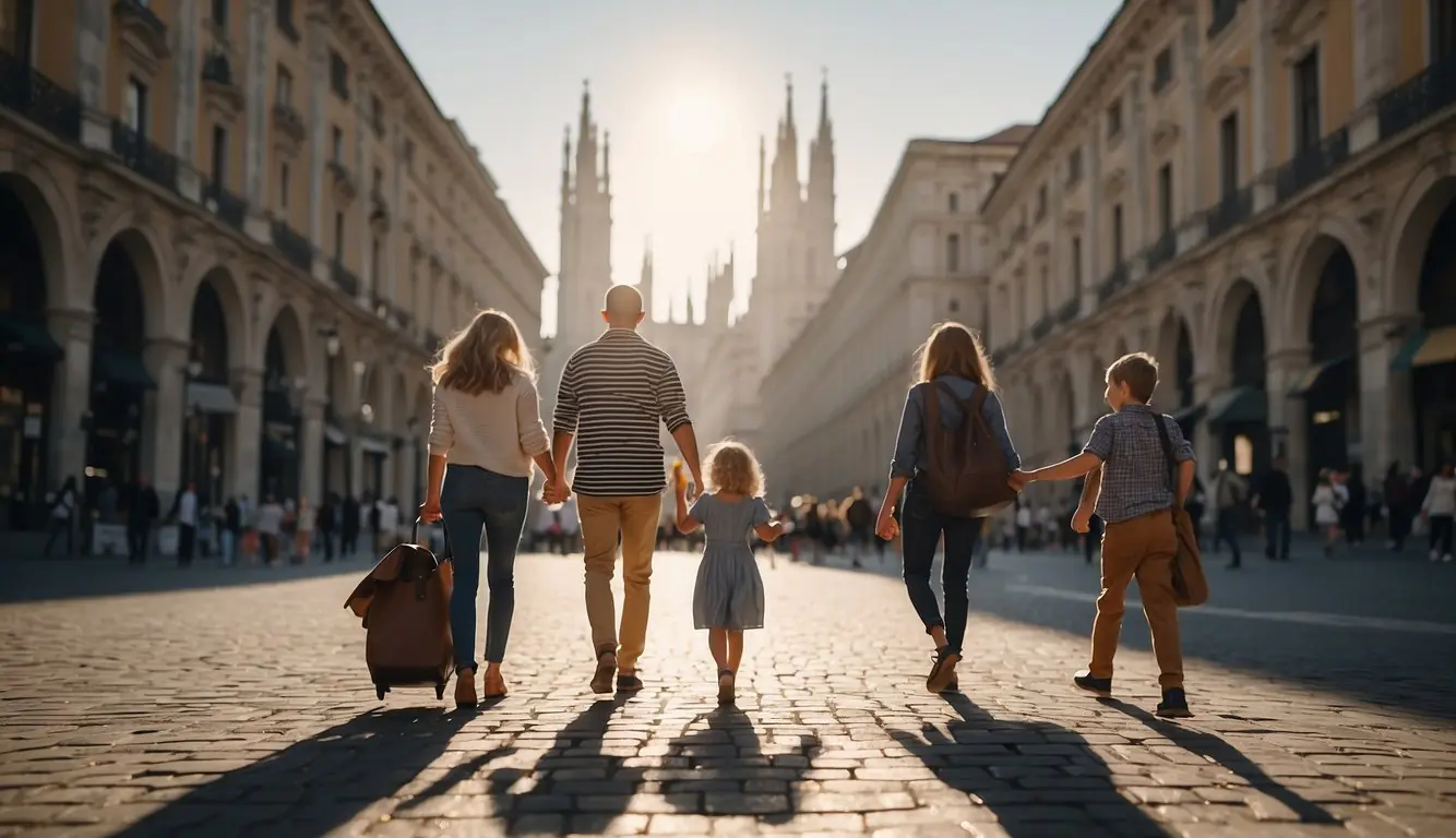 A family walks through a bustling city square, with historic buildings and a vibrant atmosphere. A map in hand, they plan their next stop on a sunny day in Milan