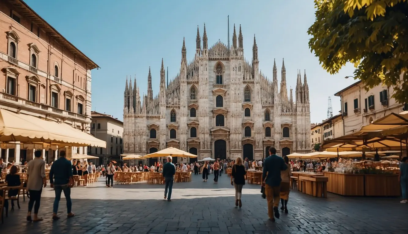 A bustling city square with colorful buildings, outdoor cafes, and families strolling along cobblestone streets. The iconic Duomo di Milano looms in the background