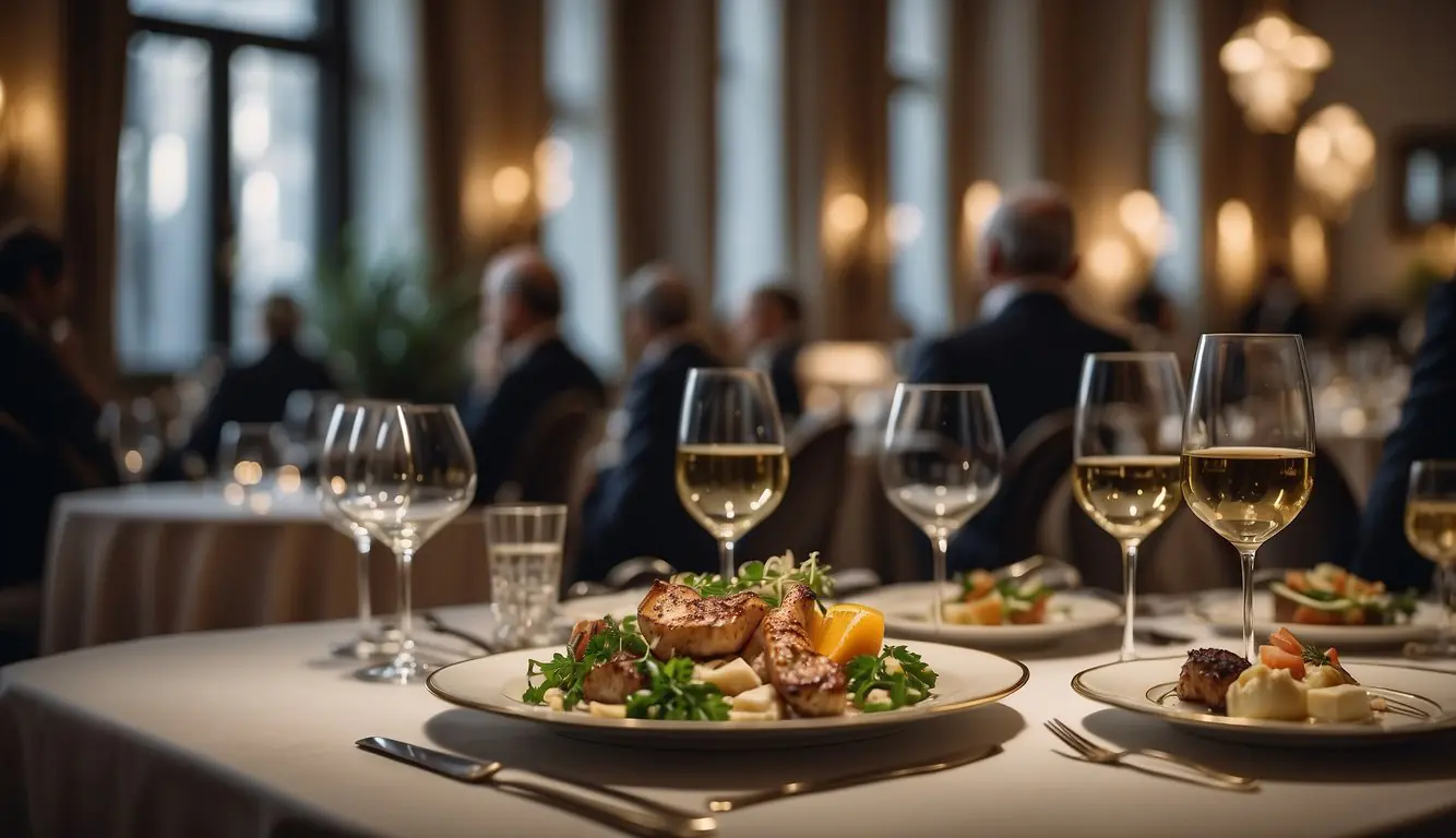 Guests savor exquisite dishes at Michelin-starred restaurants in Milan. Culinary masterpieces adorn elegant tables in a luxurious dining room. Rich aromas fill the air as diners indulge in the best tasting menus