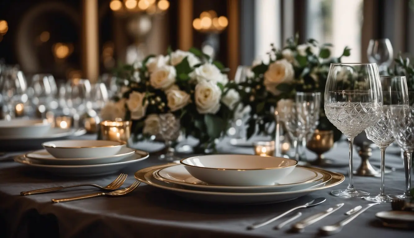 A table set with elegant place settings, adorned with exquisite dishes and fine cutlery, surrounded by opulent decor in a Michelin-starred restaurant in Milan