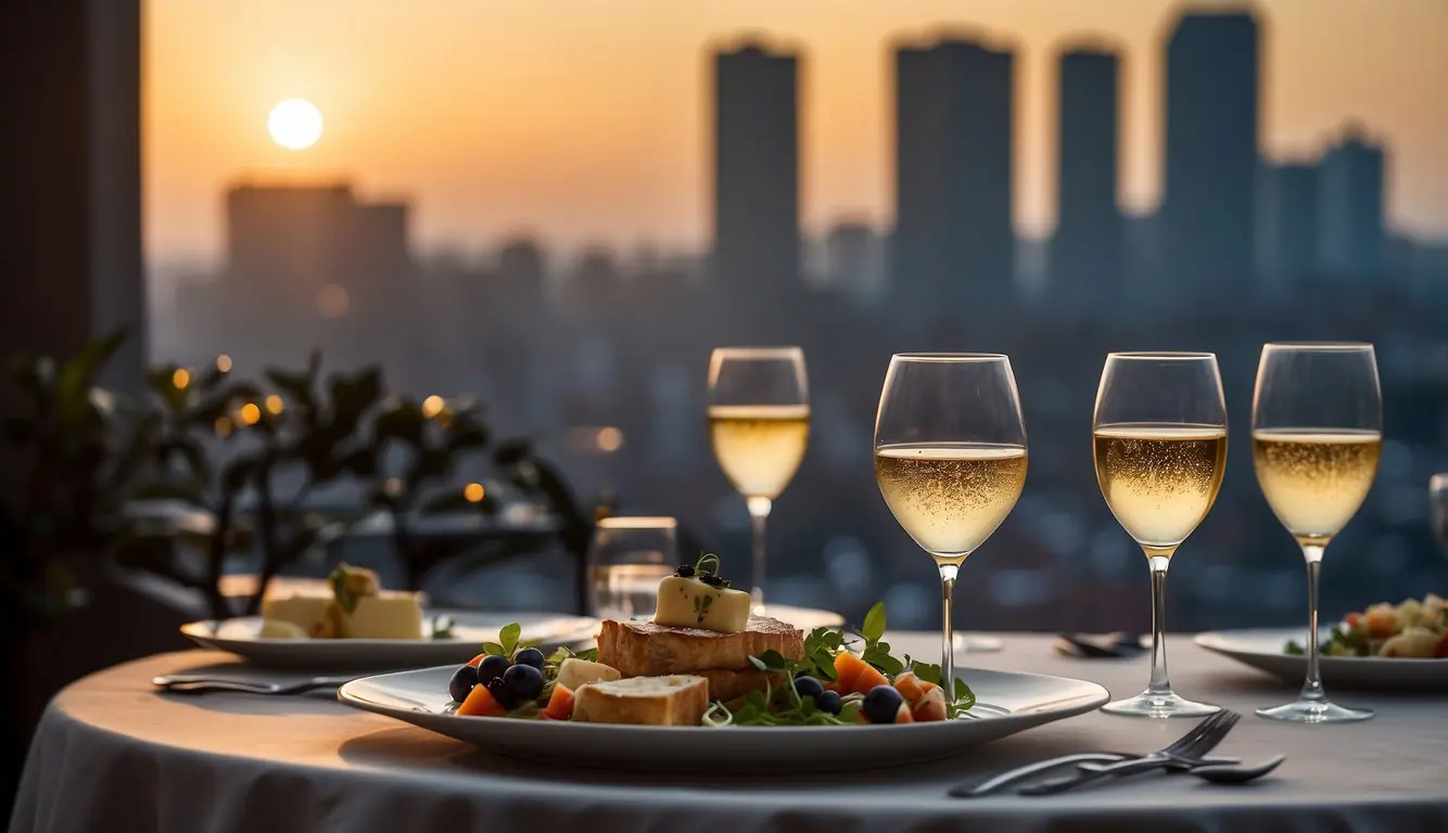 A table set with elegant dishes, each showcasing the finest cuisine from Michelin-starred restaurants in Milan. The ambiance is sophisticated, with soft lighting and a backdrop of the city's skyline