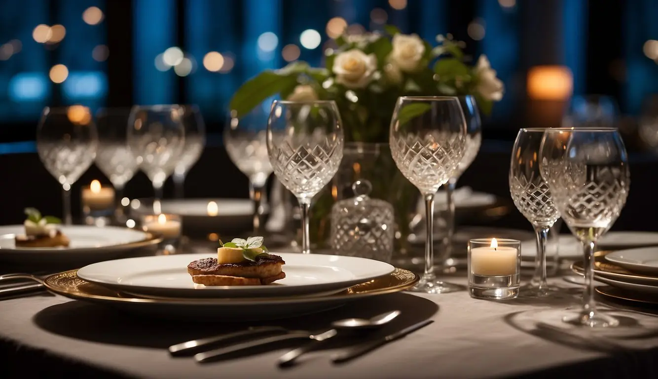 A table set with fine china and crystal glasses, surrounded by elegant decor and dim lighting, showcasing the best tasting menus at a Michelin-starred restaurant in Milan