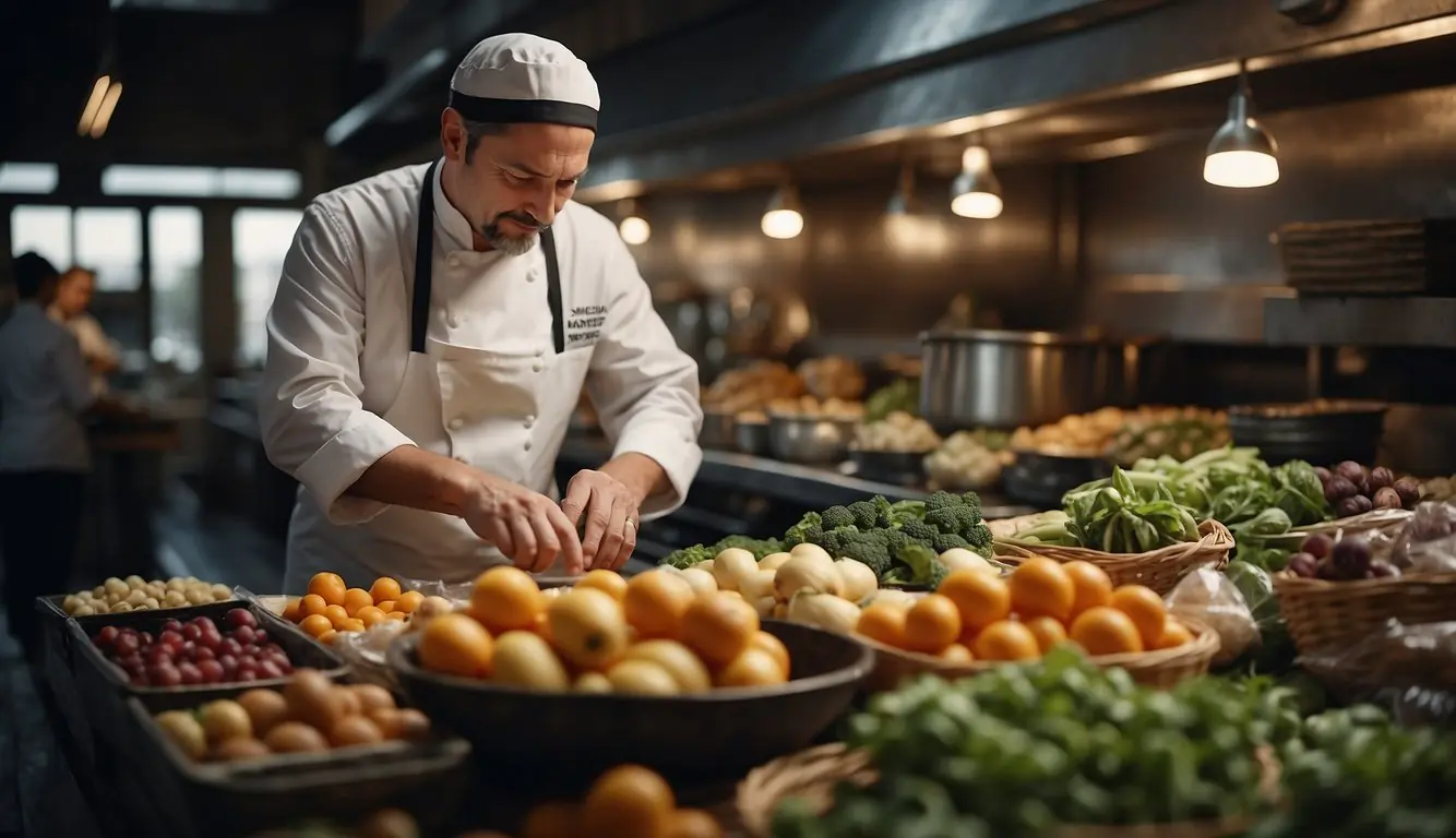 A chef gathers fresh, local ingredients from a bustling Milanese market, showcasing sustainability and local sourcing for their Michelin-starred restaurant's best tasting menus