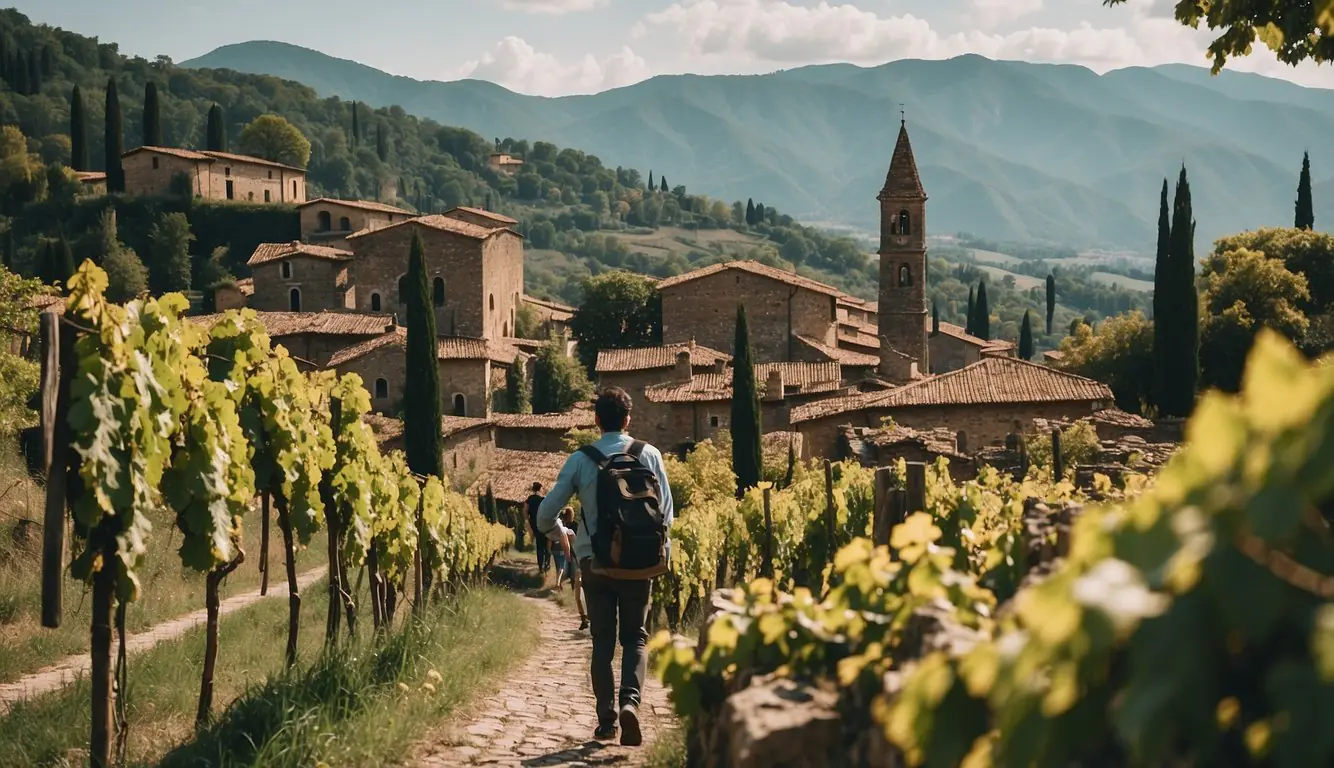 Travelers explore ancient ruins, vibrant markets, and picturesque vineyards on day trips from Milan. The scene is filled with excitement and tranquility, capturing the essence of cultural adventure and relaxation