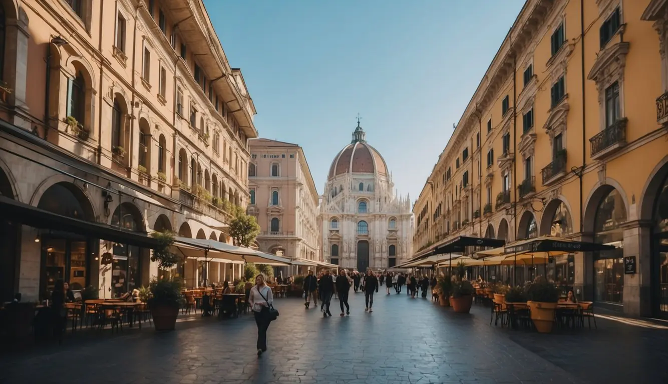 A bustling street in Milan with colorful buildings, bustling cafes, and historic landmarks. The scene is filled with vibrant energy and cultural charm