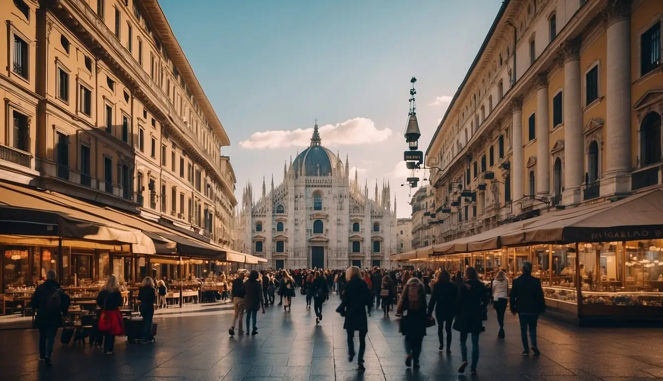 A bustling Milan street with iconic landmarks in the background, showcasing diverse cultural day trip options