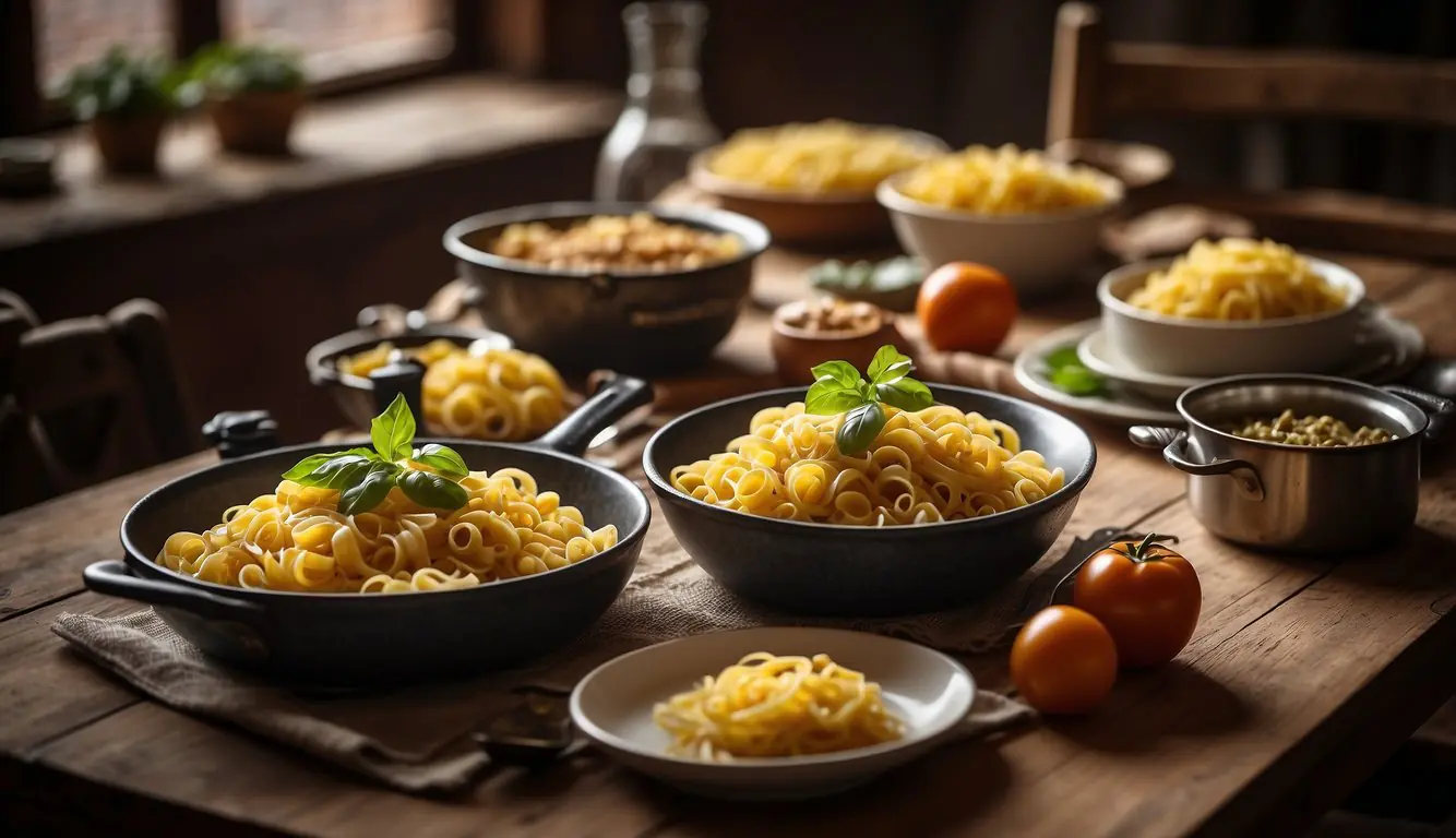 A table set with classic Milanese pasta dishes, surrounded by rustic Italian decor and traditional cookware