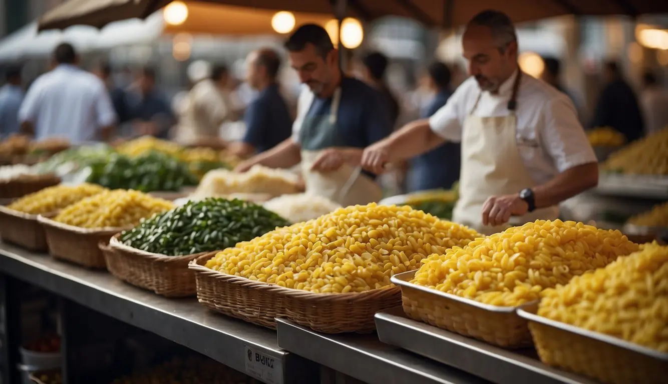 A bustling outdoor market in Milan, with vendors selling fresh ingredients like saffron, risotto rice, and veal. A chef expertly prepares traditional Milanese pasta dishes, such as risotto alla Milanese and osso buco