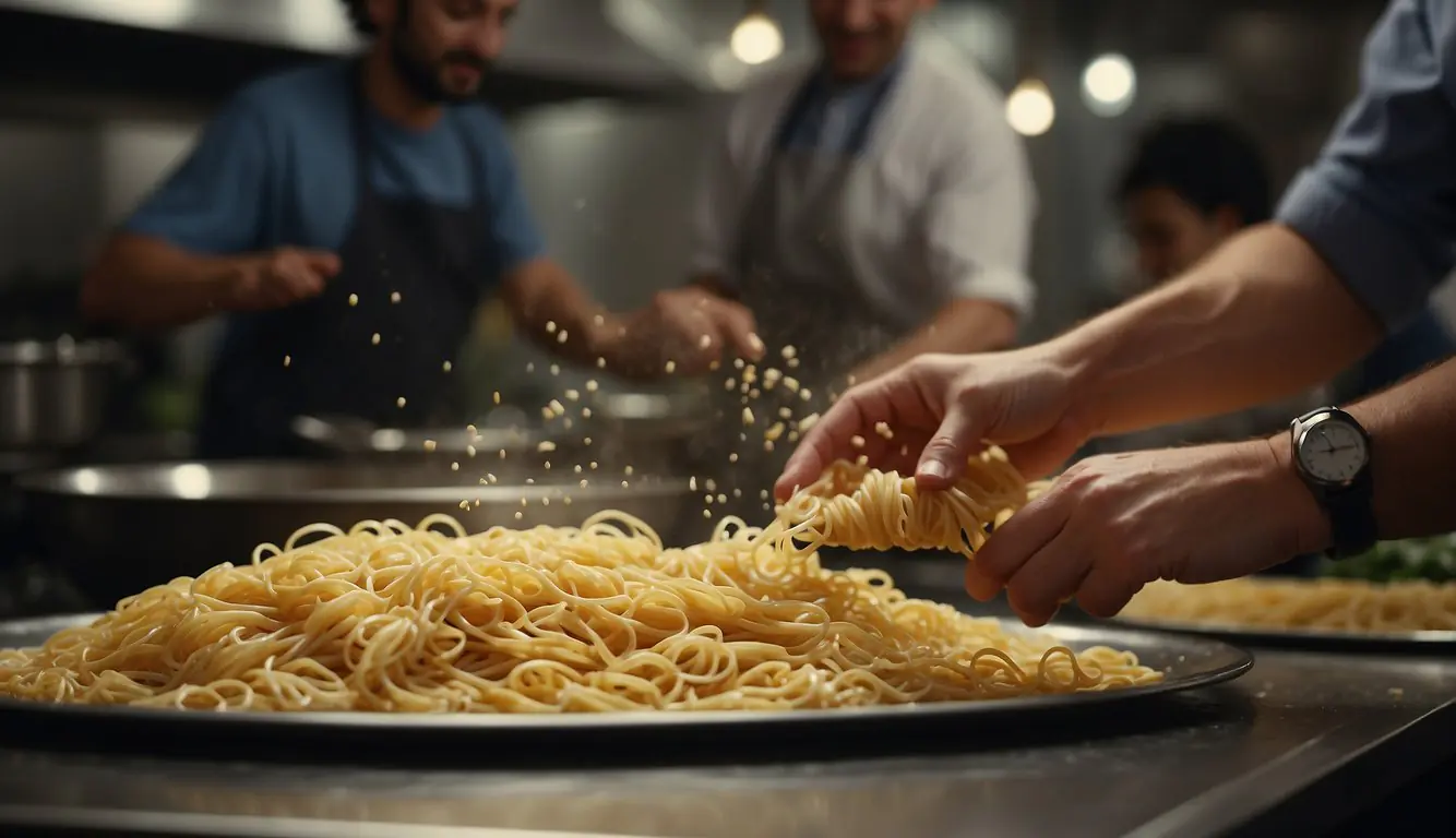 A bustling Italian kitchen prepares classic Milanese pasta dishes. A chef tosses golden strands of spaghetti in a rich, savory sauce, while the aroma of garlic and Parmesan fills the air