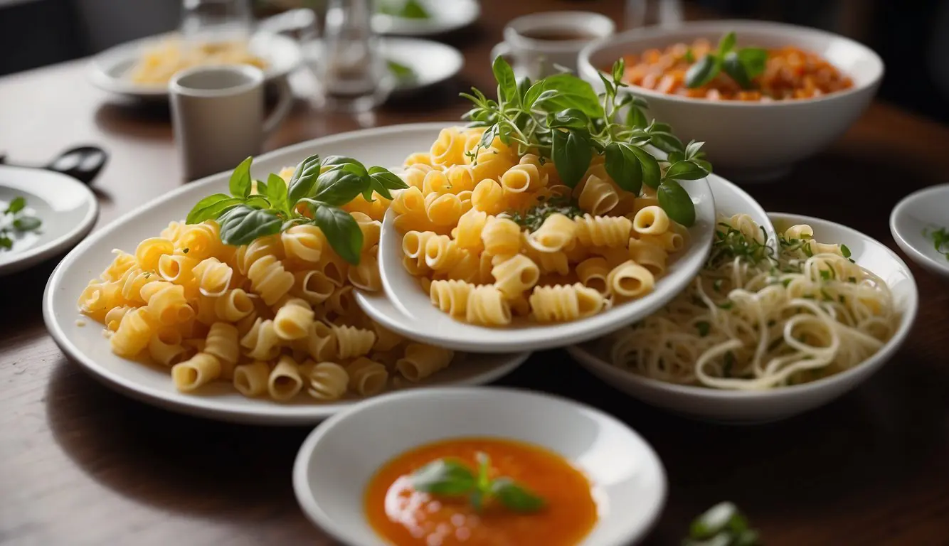 A table set with classic Milanese pasta dishes, adorned with vibrant sauces and fresh herbs, surrounded by elegant dining ware