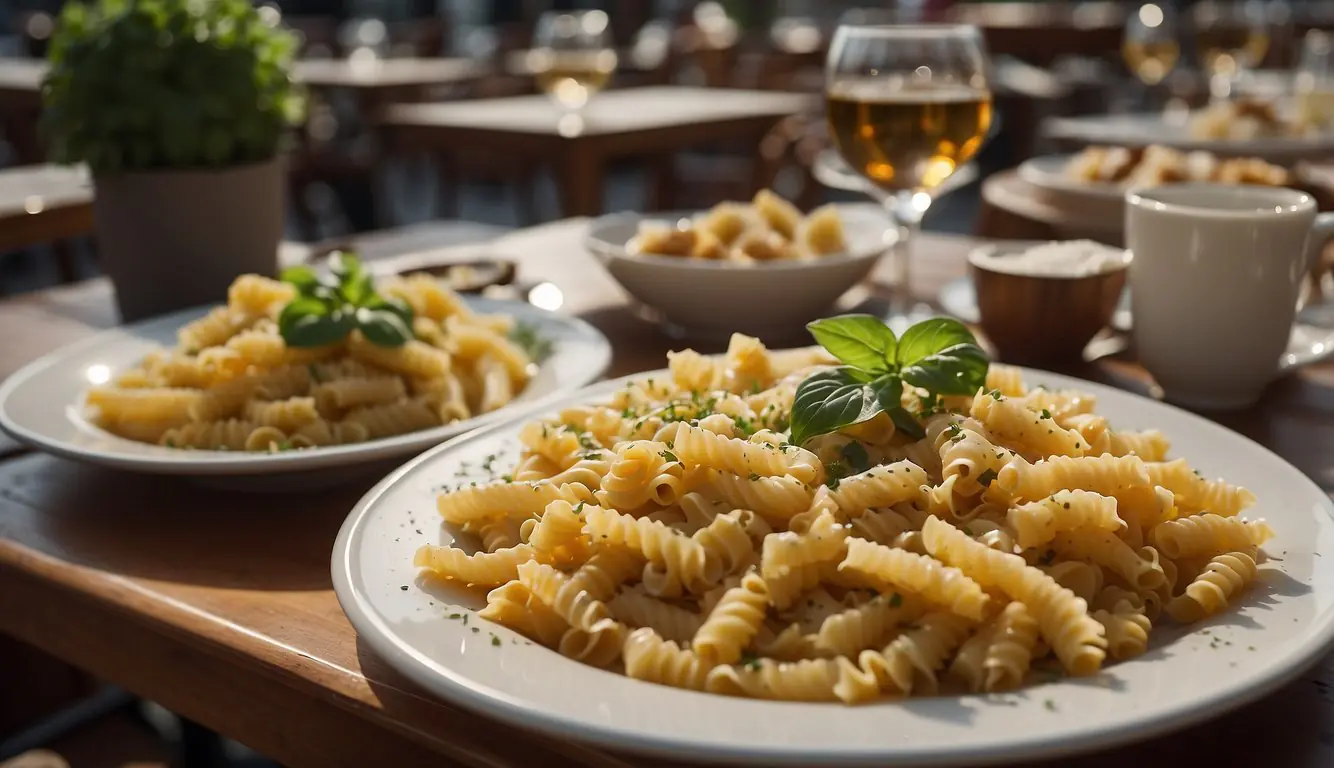 A table set with classic Milanese pasta dishes, surrounded by bustling restaurants and lively outdoor seating