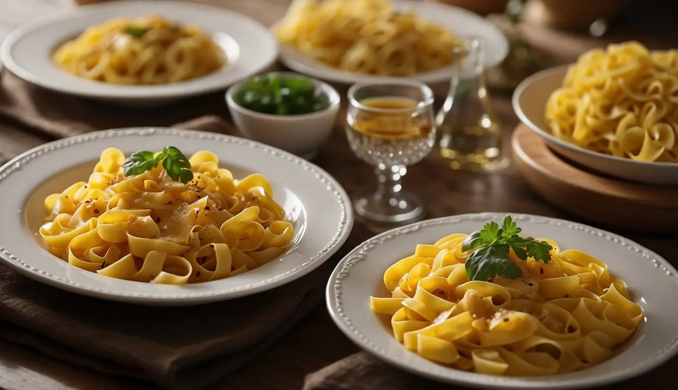 A table set with various classic Milanese pasta dishes, including risotto alla Milanese and saffron-infused tagliatelle, surrounded by traditional Italian decor