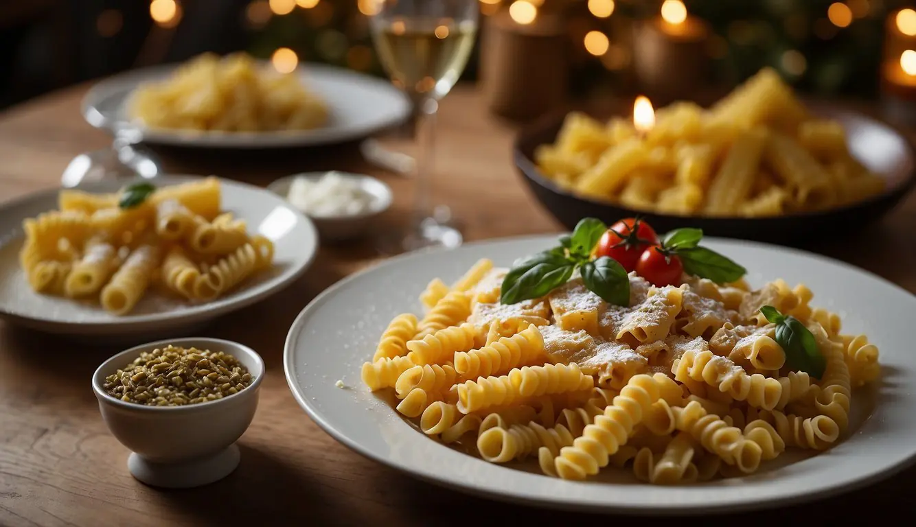 A table set with traditional Milanese pasta dishes, surrounded by festive decorations and vibrant colors