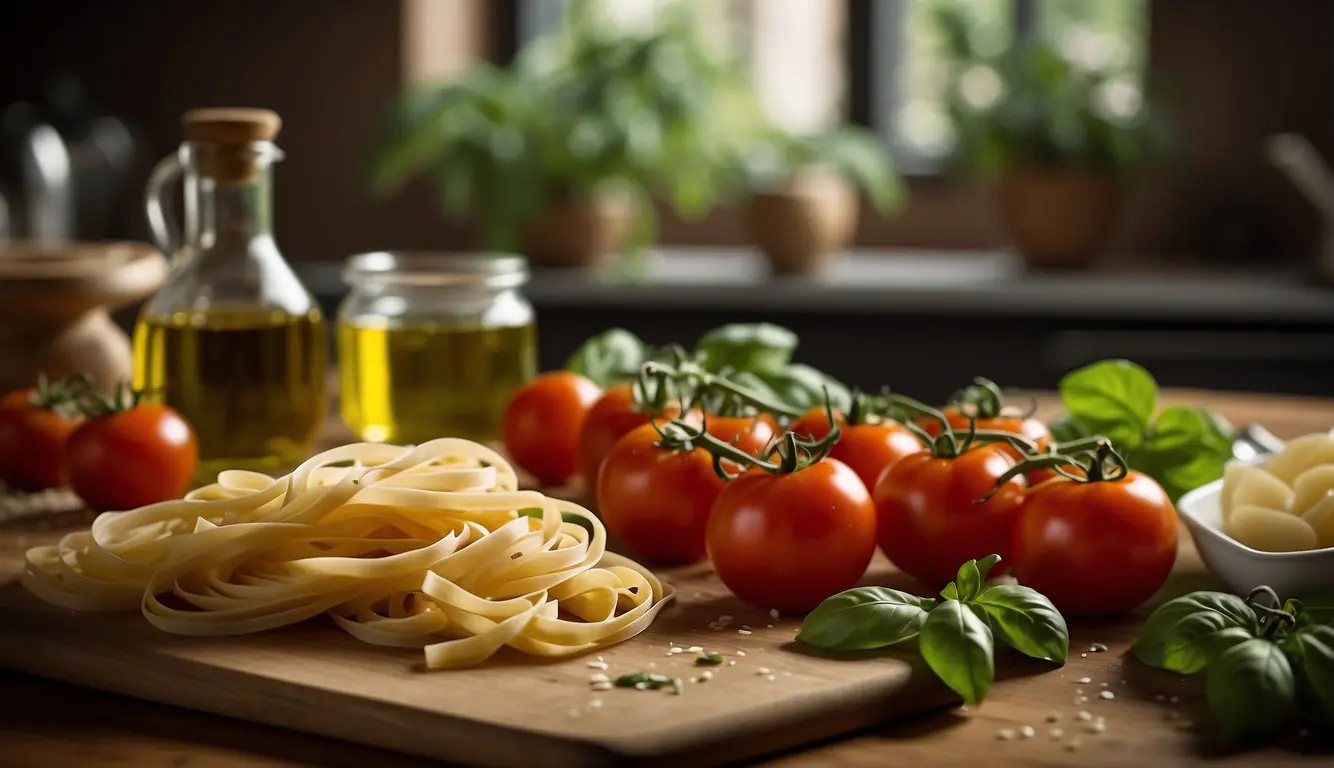 A table set with fresh tomatoes, basil, garlic, and olive oil. A pot of boiling water and pasta. A chef's knife and cutting board