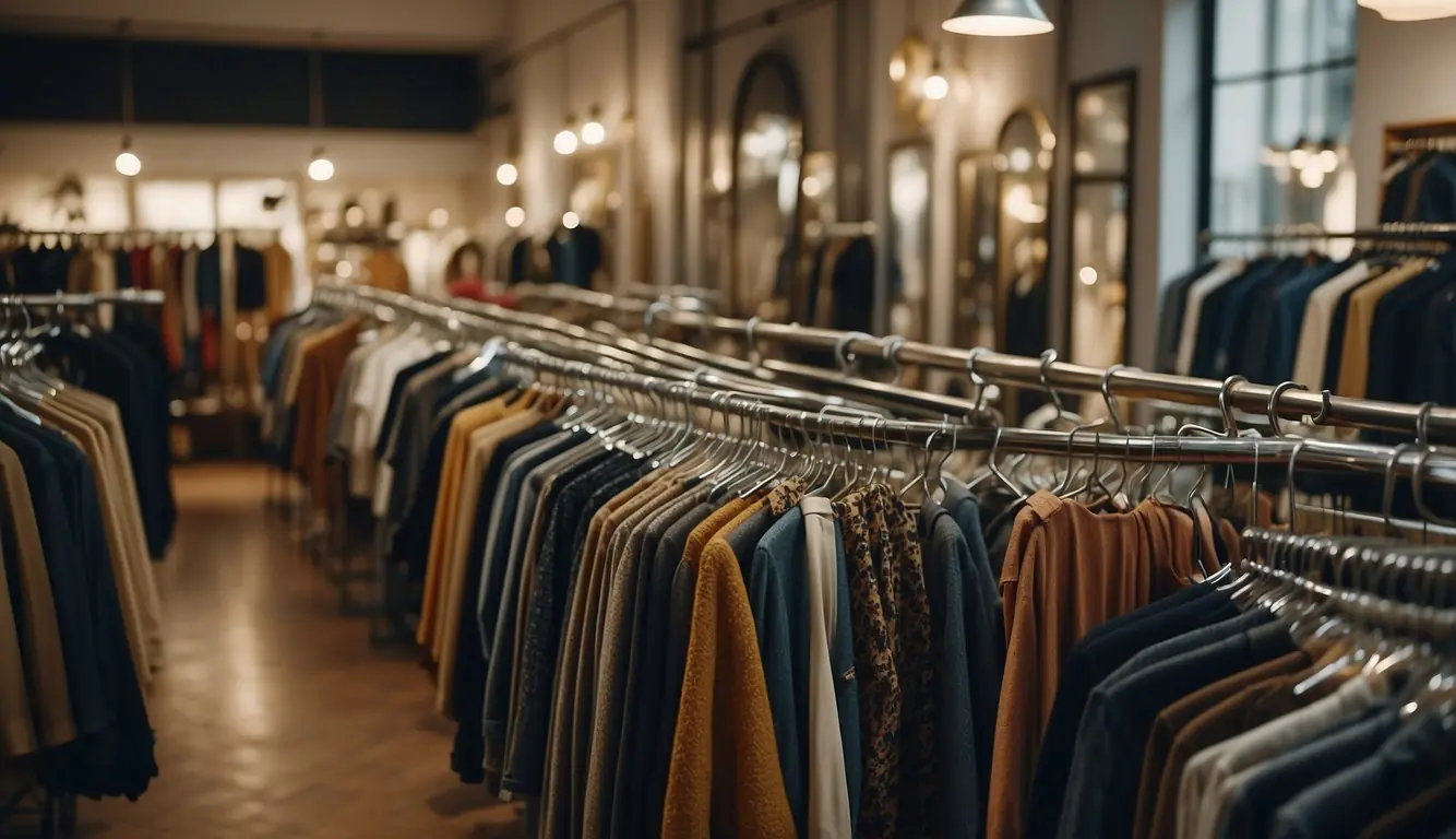 Mannequins display trendy clothes in chic Milan store windows. Racks of vintage garments fill the cozy space, while stylish shoppers browse