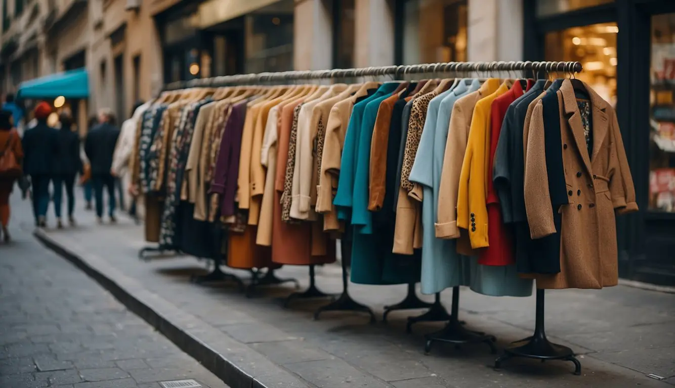 A bustling street lined with colorful vintage storefronts in Milan, showcasing an array of unique and stylish second-hand fashion items