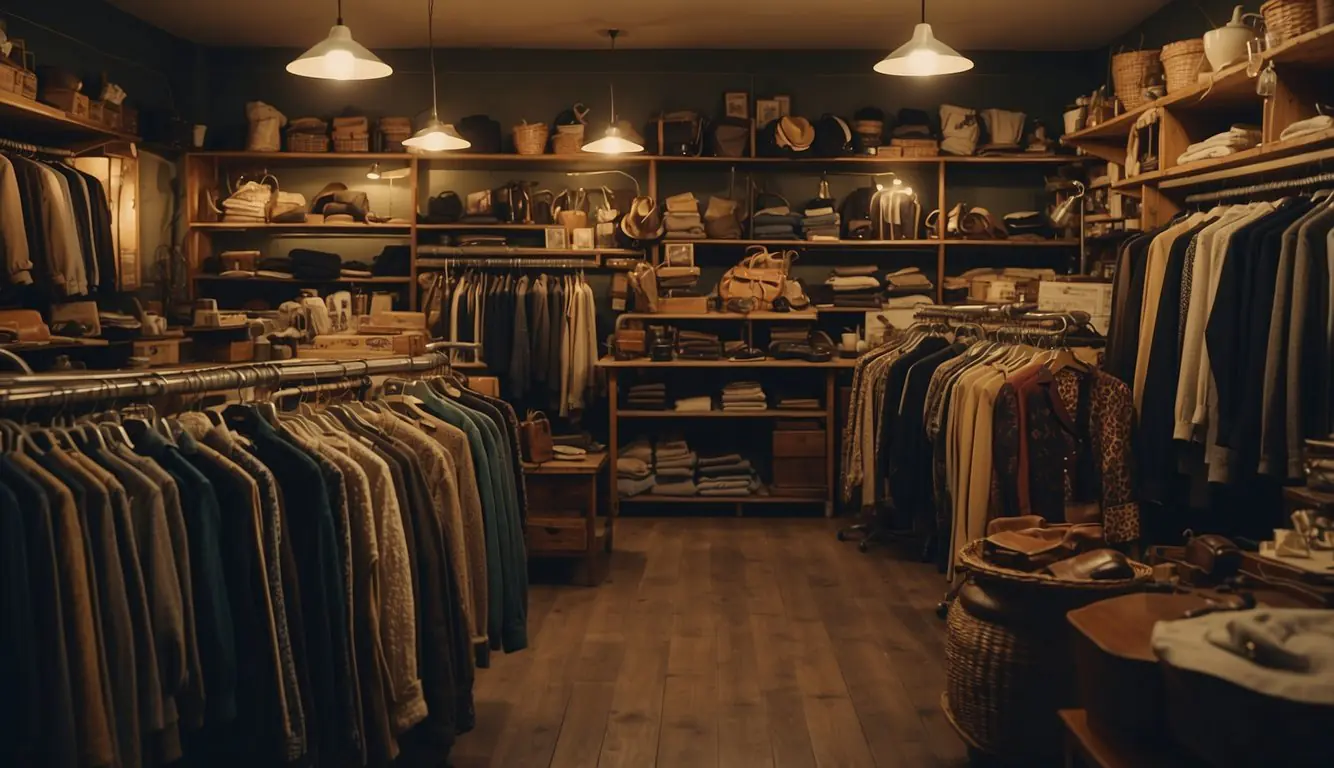 A cozy, cluttered vintage store in Milan. Racks of second-hand clothes, shelves of accessories, and old trinkets fill the space. Warm lighting and retro decor create a nostalgic atmosphere