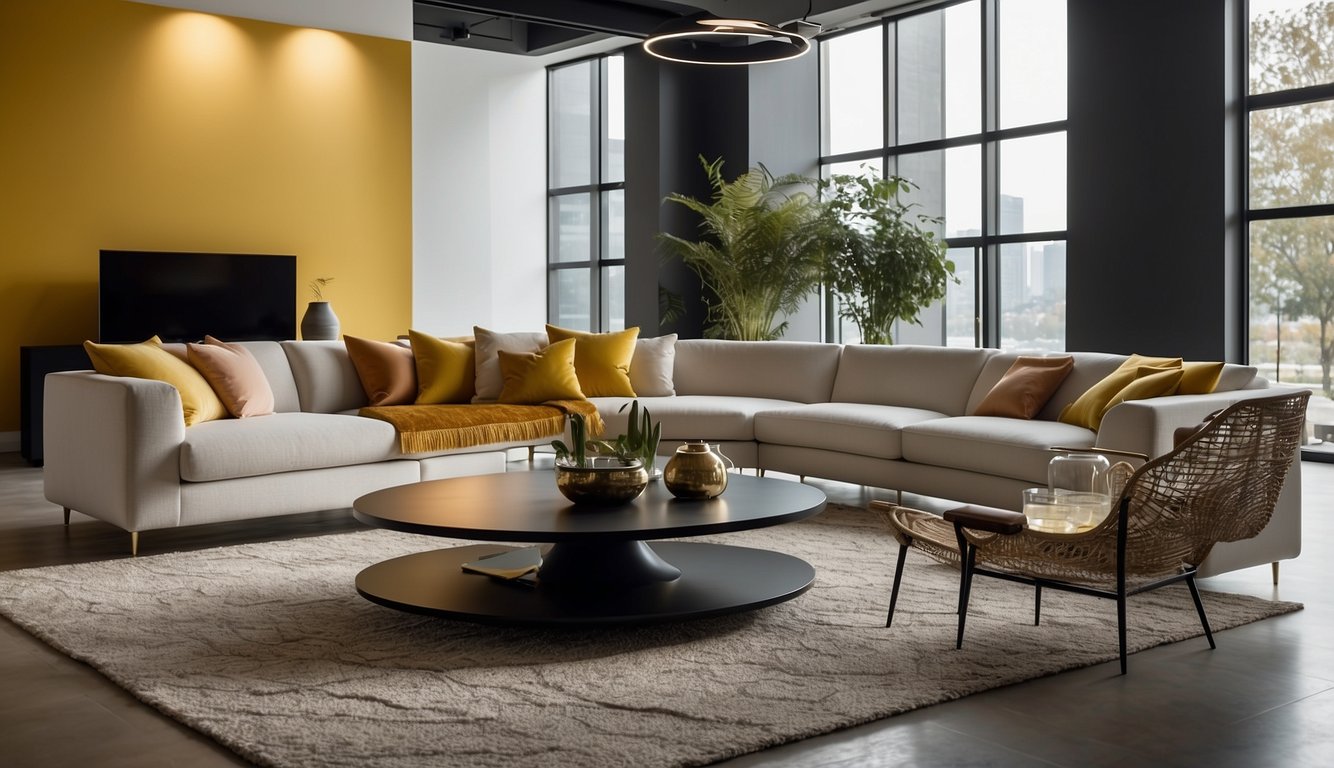 Sleek, modern furniture displayed in a spacious, well-lit showroom. Clean lines, bold colors, and innovative designs showcase the best of Italian contemporary style