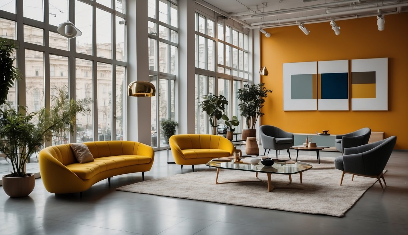 A sleek, modern showroom in Milan displays minimalist furniture with clean lines and bold colors. The space is well-lit, with large windows and high ceilings, showcasing the contemporary designs