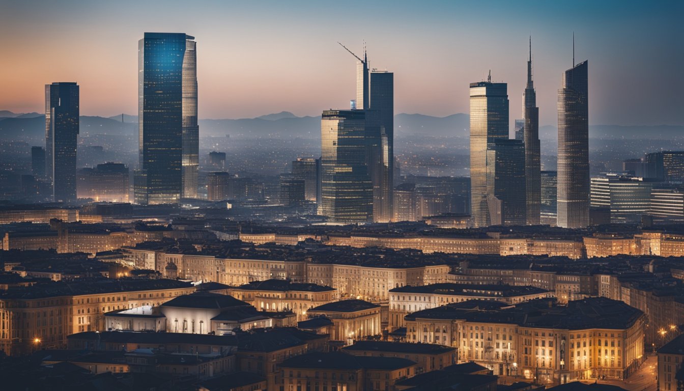 A bustling cityscape with modern skyscrapers and bustling financial district, surrounded by tech startups in Milan