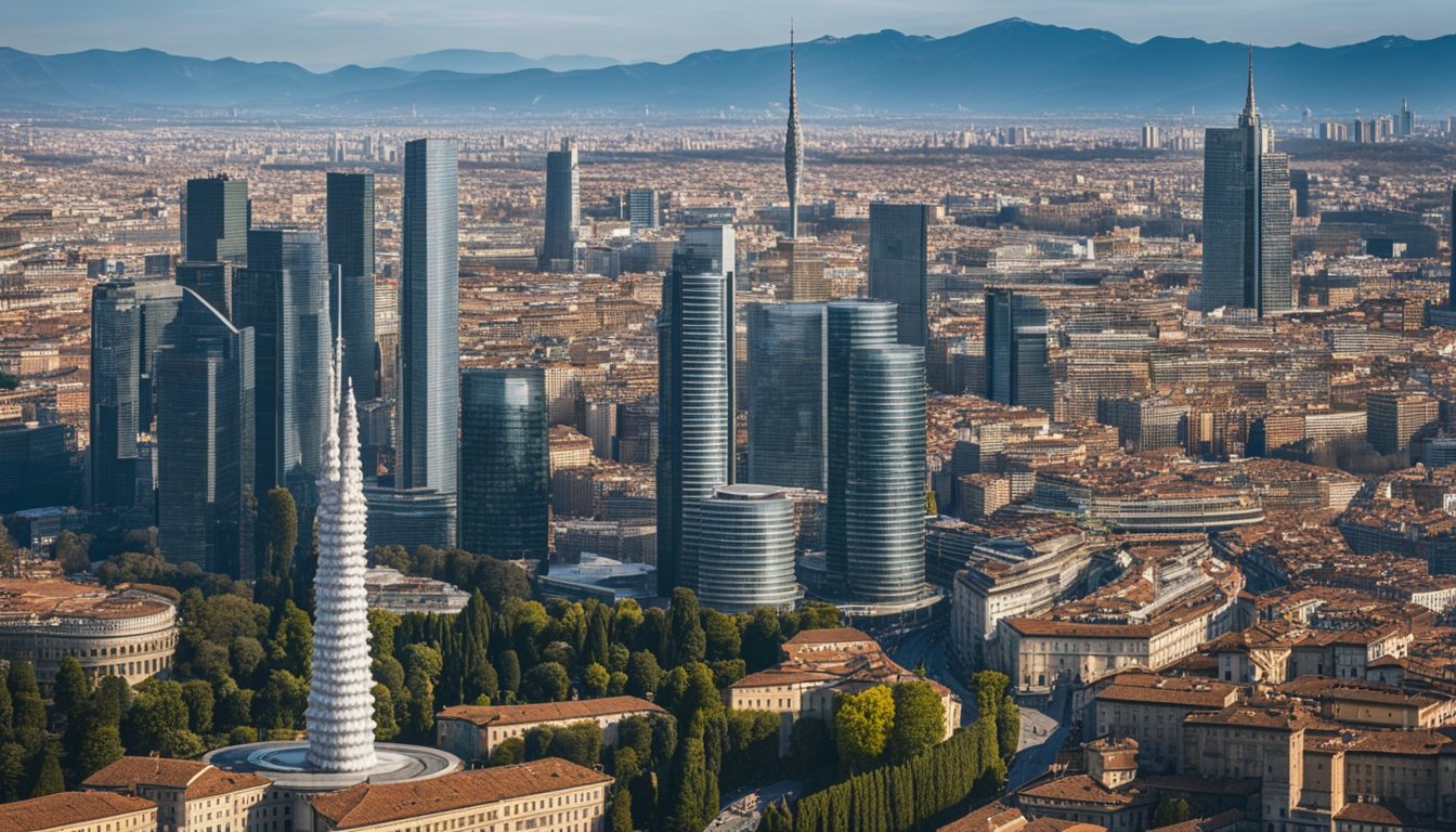 Milan skyline with modern tech buildings, bustling with activity and innovation. Sector-specific logos and symbols adorn the cityscape