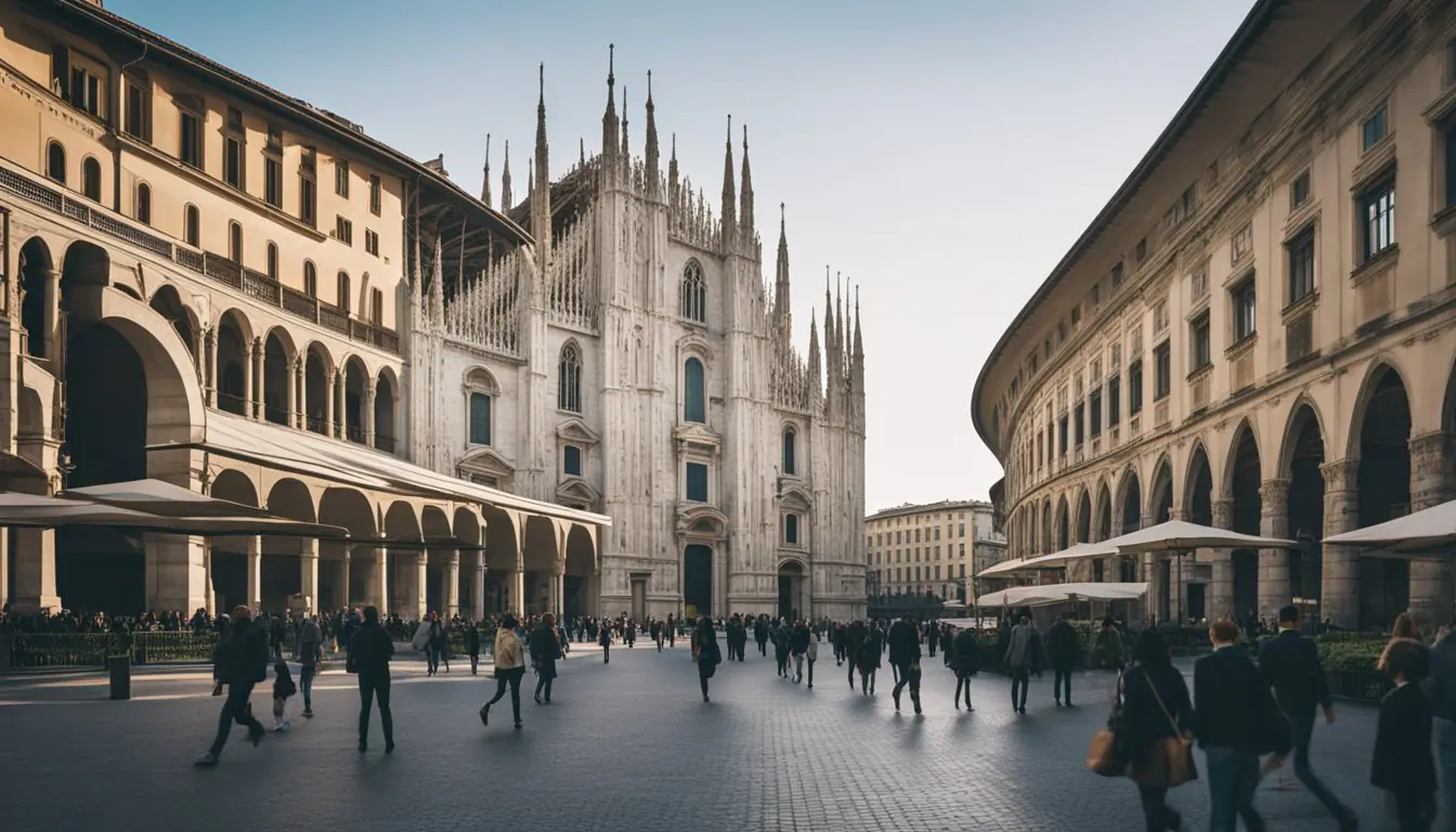 The bustling streets of Milan, lined with ancient buildings and cobblestone pathways, lead to the grandeur of the Duomo di Milano and the historic Sforza Castle