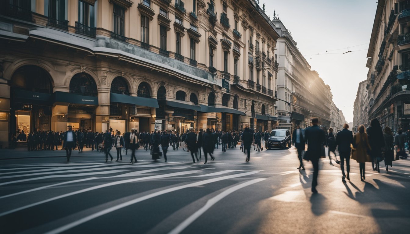 A bustling city street in Milan, with sleek modern buildings and vibrant tech startups. Innovative concepts and business models are evident in the bustling activity and energy of the scene