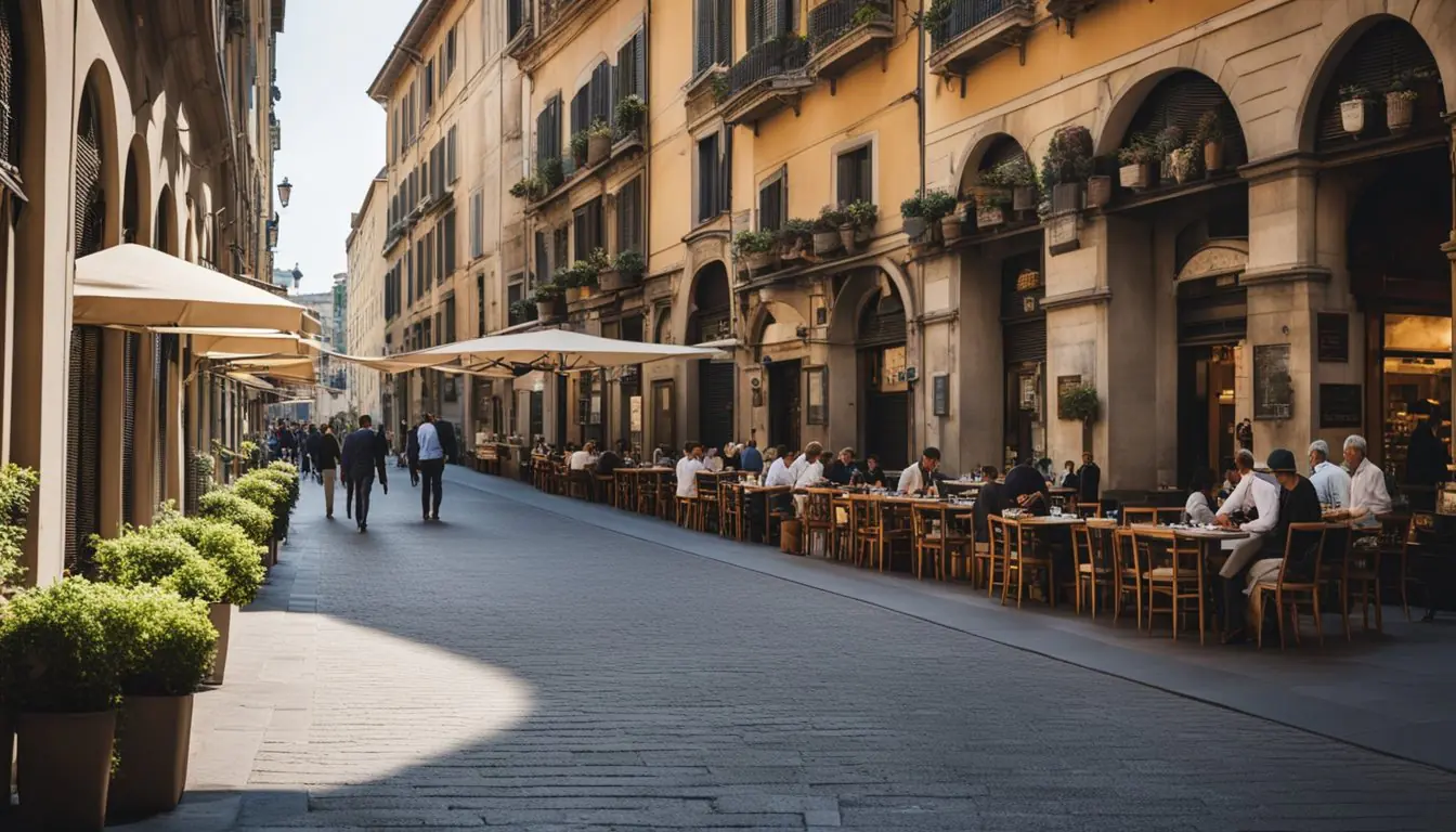 A bustling street in Milan lined with diverse restaurants, from cozy trattorias to upscale Michelin-starred establishments, offering affordable dining options