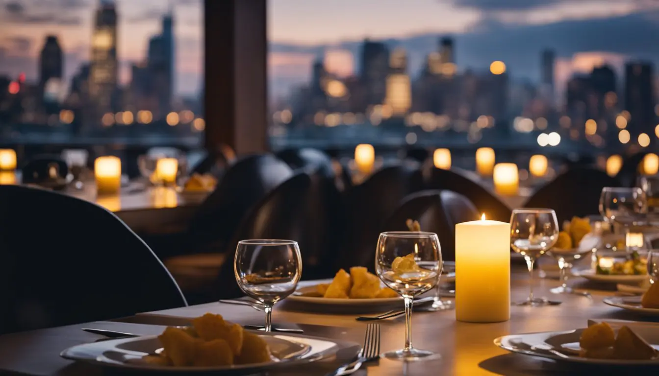 A cozy, candlelit restaurant with elegant table settings and a view of the city skyline. A chef prepares exquisite dishes in an open kitchen while diners enjoy a luxurious yet affordable dining experience