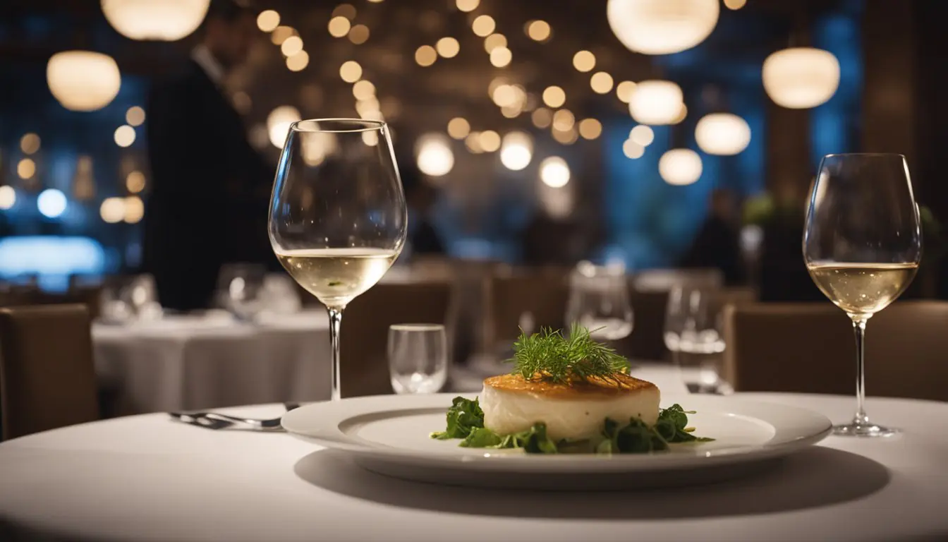 A cozy, dimly lit restaurant with white tablecloths and elegant table settings. A waiter presents a beautifully plated Michelin-starred dish to a delighted diner